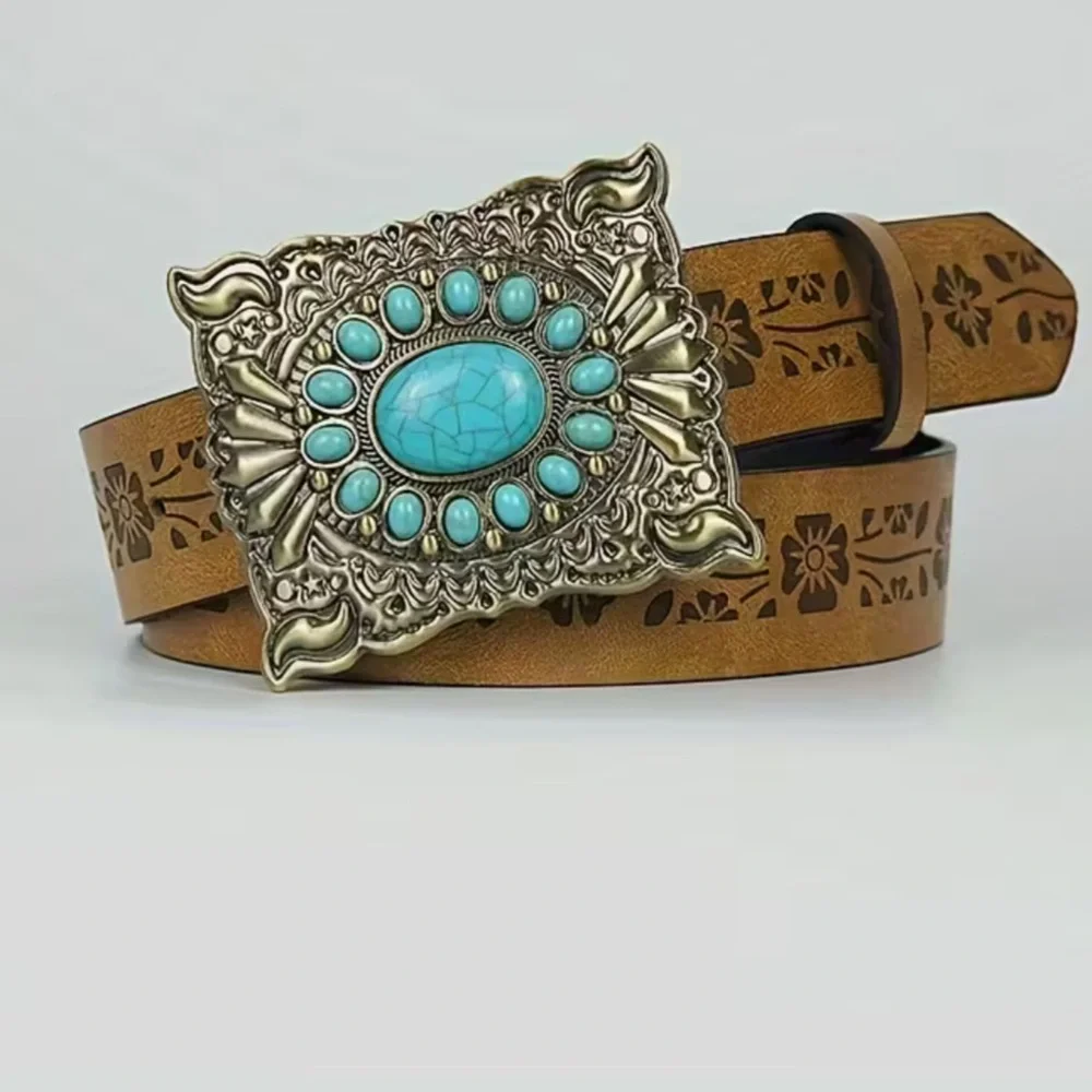 Sale Vegan Brown Belt with Turquoise Buckle
